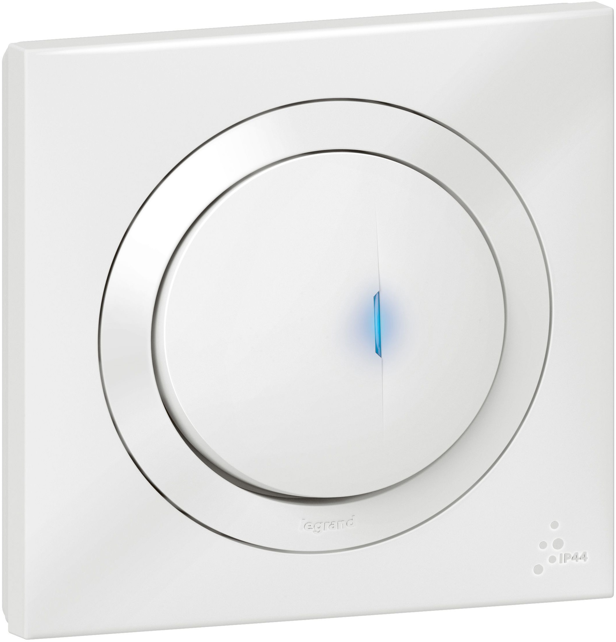 Poussoir simple lumineux dooxie IP44 6A 250V~ livré avec plaque carrée blanche