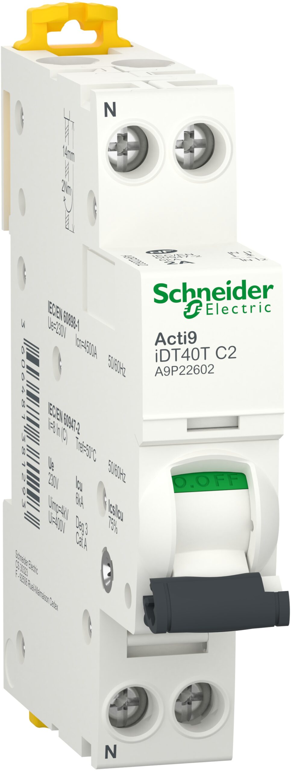 Acti9 iDT40T - Disjoncteur modulaire - 1P+N - 2A - Courbe C - 4500A/6kA