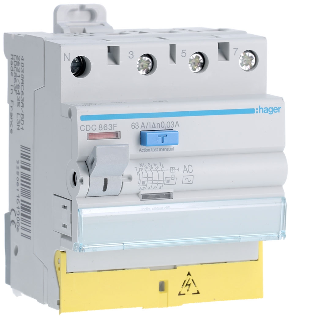 Interrupteur différentiel 63A 30mA 3P+N type AC à bornes décalées